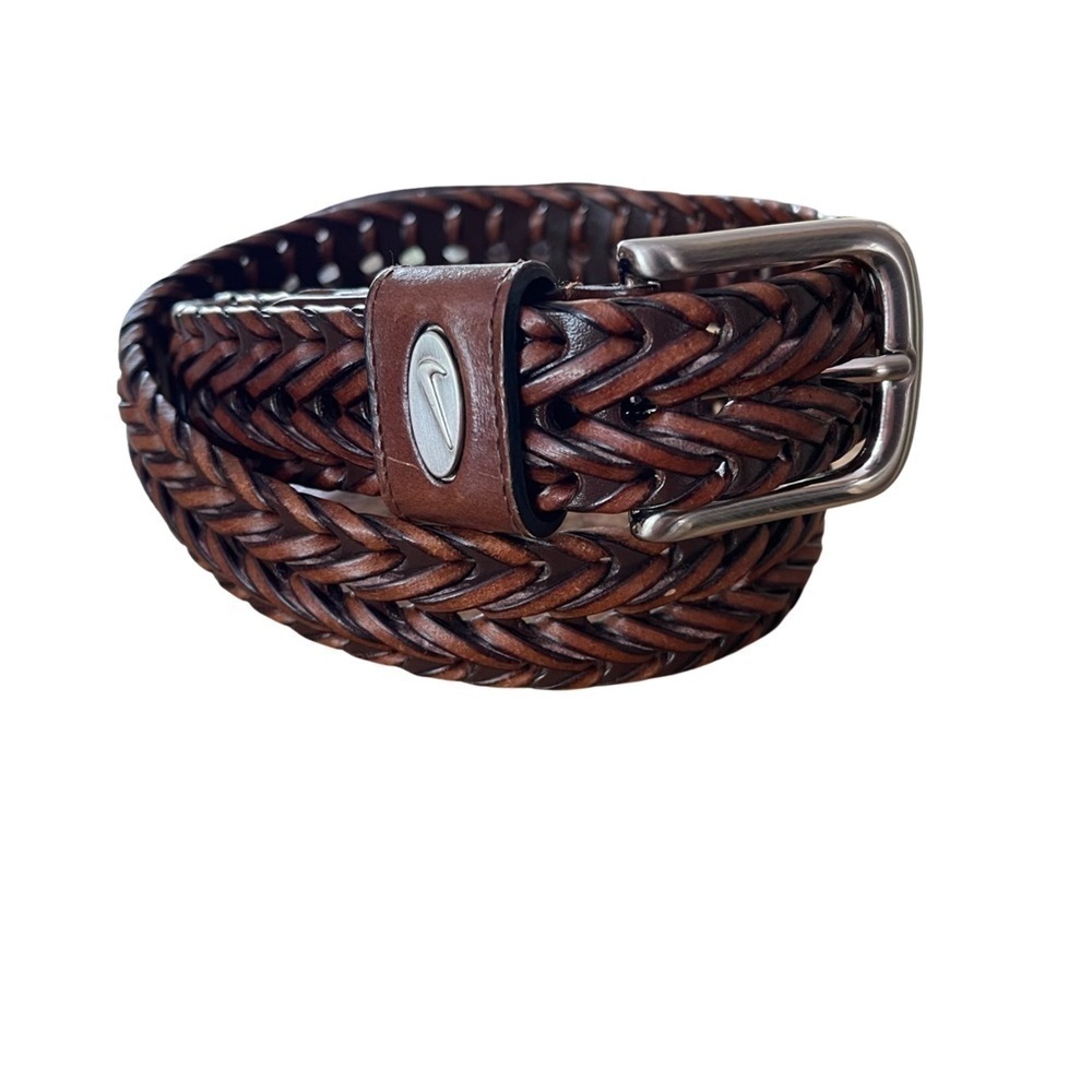 Nike Golf Logo Brown Weaved Braided Bonded Leather Belt Silver Buckle Size 36